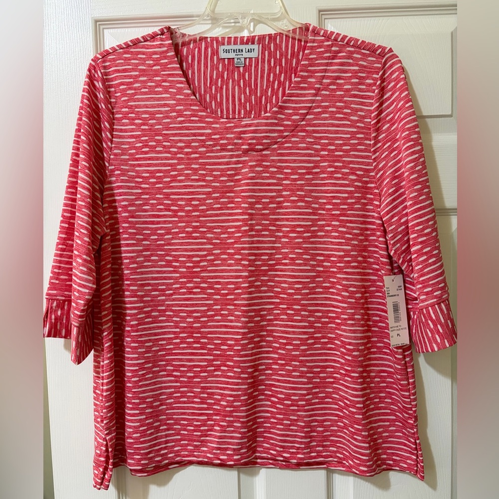 NWT Southern Lady Red/White Striped 3/4 Sleeve Top Petite Large 23 PTP/27 Length